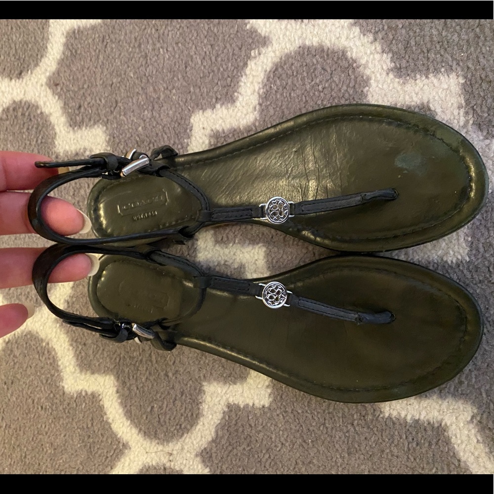 Coach Leather tong sandals silver coach sign